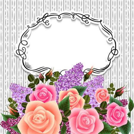 Illustration of greeting or invitation card template with roses and lilac flowersのイラスト素材