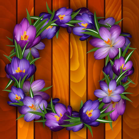 Illustration of wreath from purple crocus flowers on wood backgroundのイラスト素材