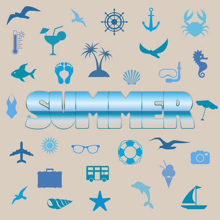 Illustration of summer symbols with summer letteringのイラスト素材