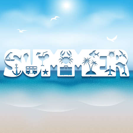 Illustration of seashore background with summer letteringのイラスト素材