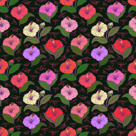 Illustration of seamless floral pattern with hibiscus flowers and calligraphic elementsのイラスト素材