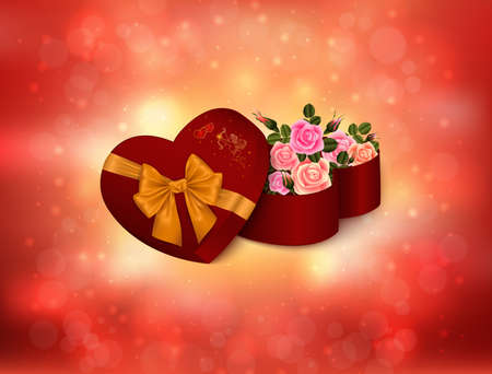 Illustration of valentines day card template with heart shaped gift box, bow, cupid, rose flowersのイラスト素材