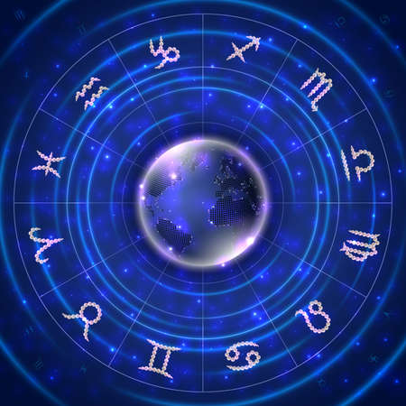 Illustration of zodiac signs made of shiny pearls with abstract globe background