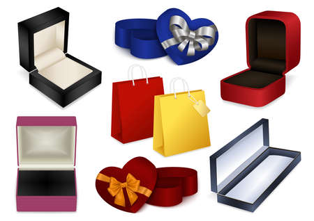 Illustration of jewelry boxes, heart shaped gift boxes with bows and shopping bags isolatedのイラスト素材