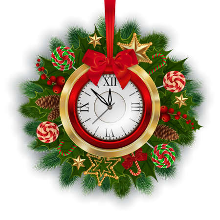 Illustration of Christmas or New Year decoration with fir tree branches, fir cones, holly, clock, stars, candies and lollipops isolatedのイラスト素材