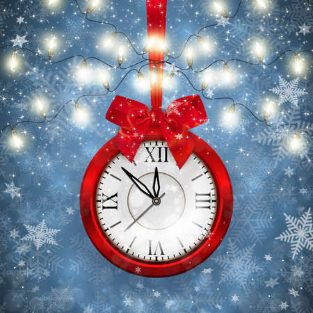 Illustration of Christmas or New Year decoration with red clock, bow, lights and snowflake backgroundのイラスト素材