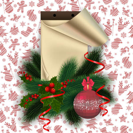 Illustration of Christmas decoration with calendar, fir tree branches, ball, mistletoe and streamers. Background with Christmas symbols is seamlessのイラスト素材