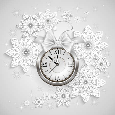 Illustration of Christmas or New Year decoration with clock, bow and snowflake backgroundのイラスト素材
