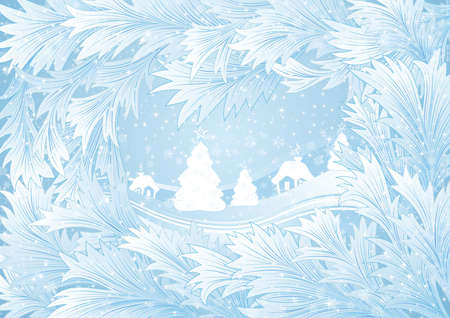 Illustration of winter background with hoarfrost frame, fir trees and housesのイラスト素材
