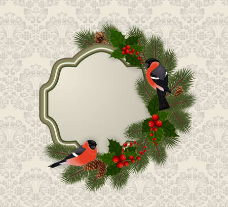 Illustration of Christmas or New Year greeting card template with bullfinch birds, fir tree, holly berry branches, cones and ornamental backgroundのイラスト素材
