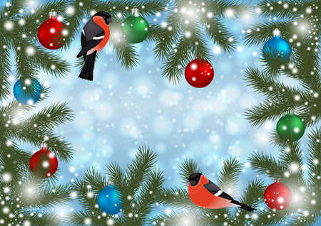 Illustration of Christmas or New Year decoration with bullfinch bird, balls, fir tree branches and snowflake backgroundのイラスト素材