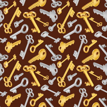 Illustration of seamless pattern with house keys in golden and silver colors on brown backgroundのイラスト素材