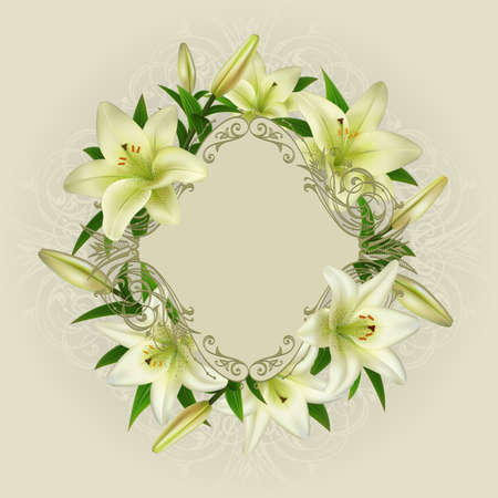 Illustration of greeting or invitation card template with white lily flowers and ornate frameのイラスト素材