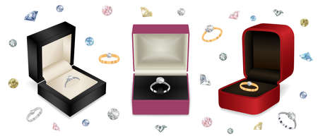 Illustration of gift jewelry boxes with diamond rings and colorful diamond backgroundのイラスト素材