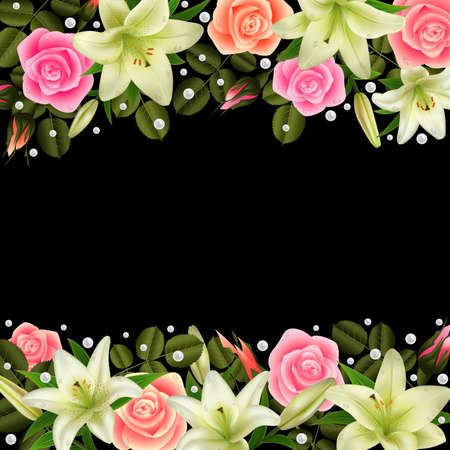 Illustration of floral borders with roses, white lily flowers and pearl decoration on black backgroundのイラスト素材