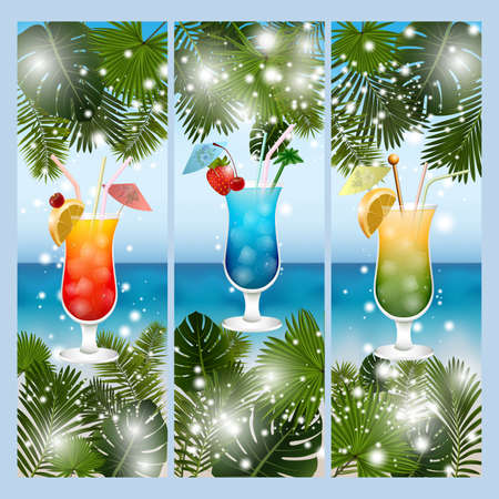 Illustration of banners with palm leaves, alcoholic cocktails and summer seashore backgroundのイラスト素材