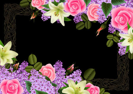 Illustration of greeting or invitation card template with lily, rose, lilac flowers and ornate frameのイラスト素材