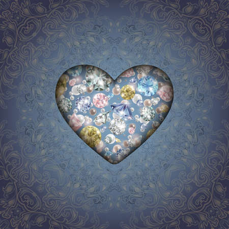 Illustration of template for greeting, invitation or valentines day card with heart, diamonds, pearls and ornamental backgroundのイラスト素材