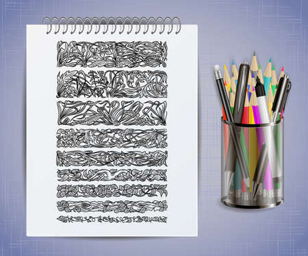 Illustration of notebook with floral borders, colored pencils, pens and marker in holderのイラスト素材