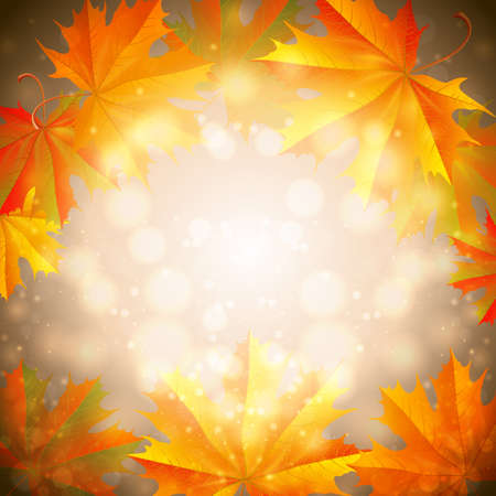Illustration of colorful autumn maple leaves on bokeh pattern.のイラスト素材