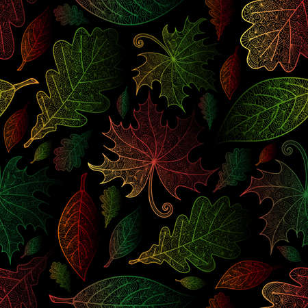 Illustration of  pattern with colorful autumn doodle leaves in various colors.のイラスト素材