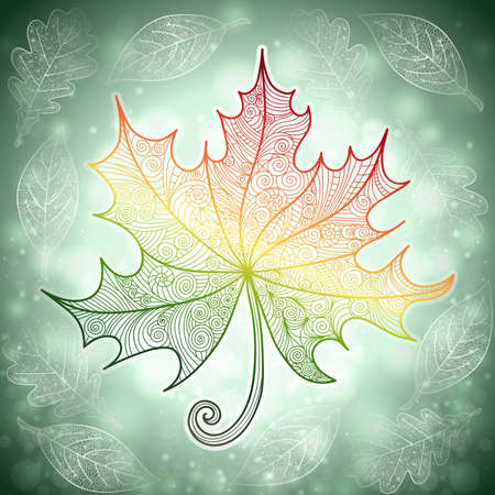 Illustration of autumn doodle leaf with glitter pattern.のイラスト素材