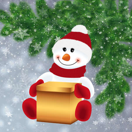 Illustration of snowman with gift box and fir tree branches background covered with snowflakes
のイラスト素材