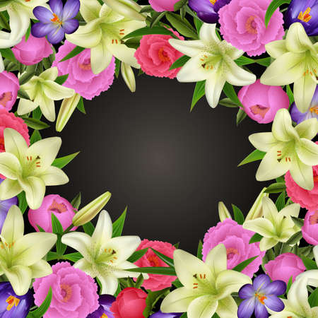 Illustration of greeting or invitation card template with lily, peony and crocus flowersのイラスト素材