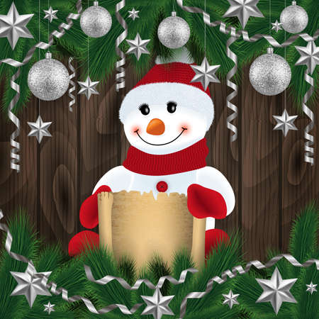 Illustration of snowman with scroll, fir tree branches, Christmas balls, stars, streamers and wood backgroundのイラスト素材