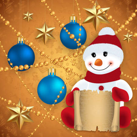 Illustration of snowman with scroll, Christmas balls, gold stars and beadsのイラスト素材
