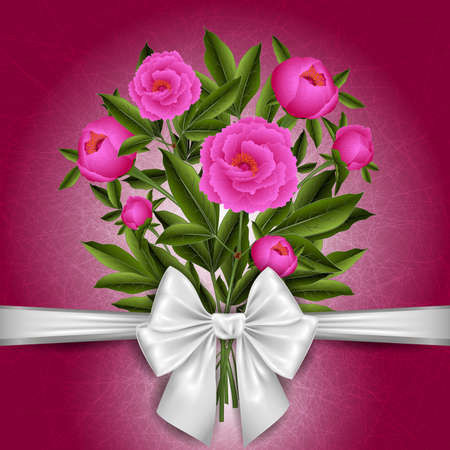 Illustration of greeting or invitation card template with peony flowers, bow and scratched backgroundのイラスト素材