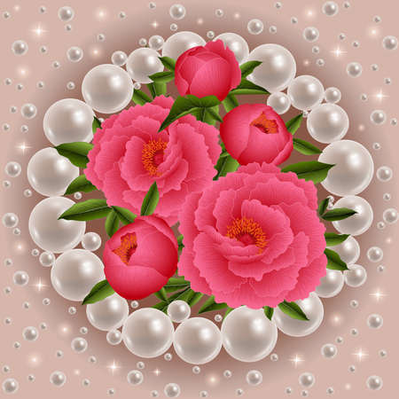 Illustration of wedding, greeting or invitation card template with shiny pearls round frame and peony flowers
のイラスト素材