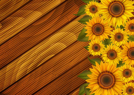 Illustration of sunflowers and leaves on wooden board
のイラスト素材
