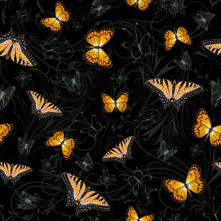 Illustration of seamless pattern with swallowtail, silverspot butterflies and floral ornament
のイラスト素材