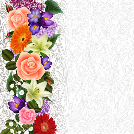 Illustration of floral card template with flowers and floral ornamental backgroundのイラスト素材