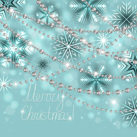 Illustration of Christmas card template with neon snowflakes, silver beads and holiday greetingsのイラスト素材