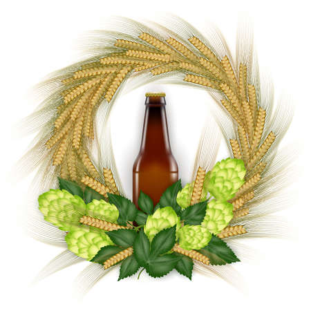 Illustration of beer bottle with hop cones and wheat ear wreath isolatedのイラスト素材