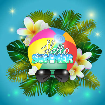 Illustration of summer holiday background with palm leaves, tropical plumeria flowers, summer symbol lettering, beach ball and sunglassesのイラスト素材