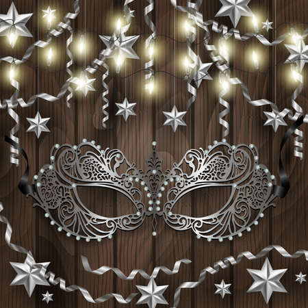 Illustration of card template with carnival mask, lights, silver stars, streamers and wooden backgroundのイラスト素材