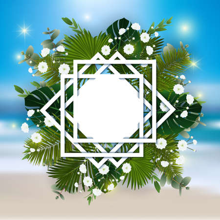 Illustration of summer holiday tropical background with palm leaves, gypsophila and eucalyptusのイラスト素材