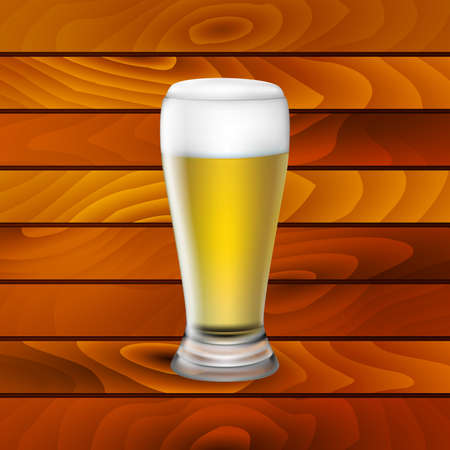 Illustration of beer glass with light beer on wood backgroundのイラスト素材