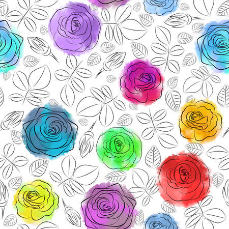 Illustration of pattern from colorful rose outlines. Black outlines are seamlessのイラスト素材