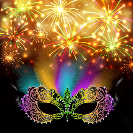 Illustration of card template with carnival mask, colorful feathers and fireworksのイラスト素材