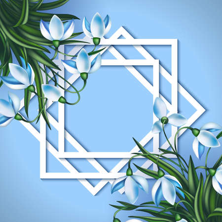 Illustration of spring snowdrop flowers with paper cutout geometic framesのイラスト素材