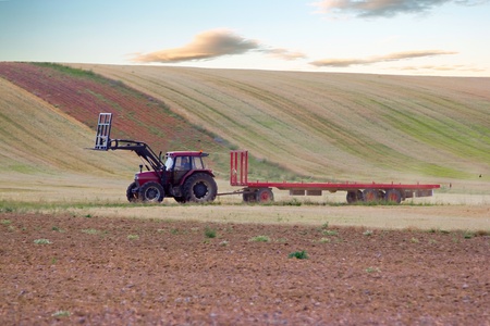 A tractor-trailer turns to do a load of straw alpacasの写真素材