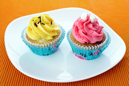 two cupcakes on a plateの写真素材