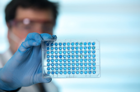 Scientist in lab holding a 96 well plate for analysis / researcher in the laboratory holding samples in microplateの写真素材