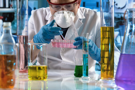 researcher working in the clinical lab with pipette and samples of cell in plate / Doctor working with plate multi well for cell culture in the research laboratoryの写真素材