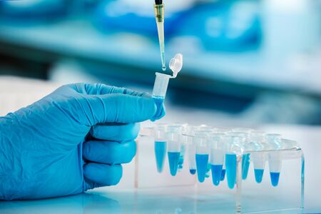 Technician researcher holding test tube for analysis in the investigation lab / hand of Chemical engineer pipetting sample in tube pcr in the research laboratoryの写真素材