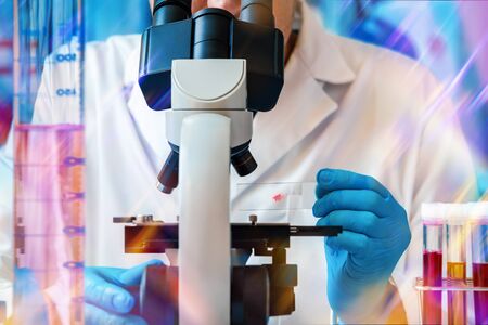 Biochemical Engineer analyzing a sample on the microscope slide / Microscopist working with biological samples in the microscope of the microbiology laboratoryの写真素材